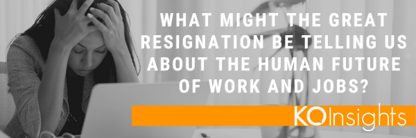 blog header great resignation - background image shows woman holding her head while looking at a laptop in her home