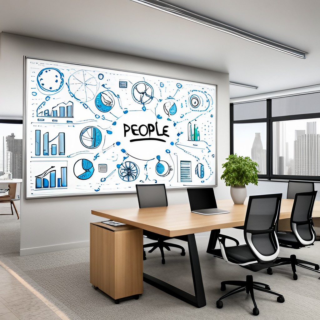 digitally-generated image of a meeting room with a white board filled with charts and drawings that says "people" at the center of it