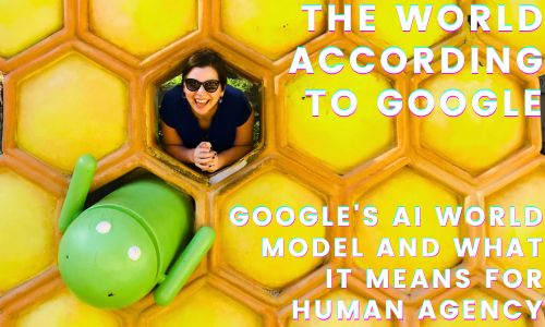 Kate O'Neill poses in a giant honeycomb with a Google Android