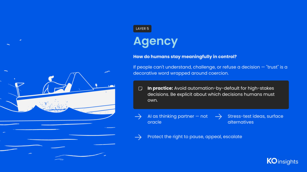 Trust Stack Layer 5 — Agency: "How do humans stay meaningfully in control?" Without the ability to challenge or refuse a decision, trust becomes coercion. Treat AI as a thinking partner, not an oracle.