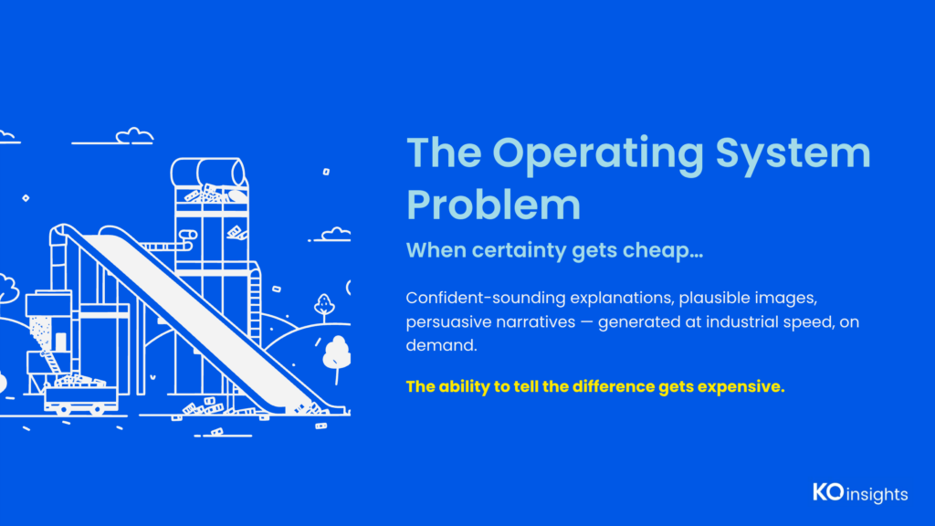 Slide: "The Operating System Problem — When certainty gets cheap, the ability to tell the difference gets expensive." KO Insights.