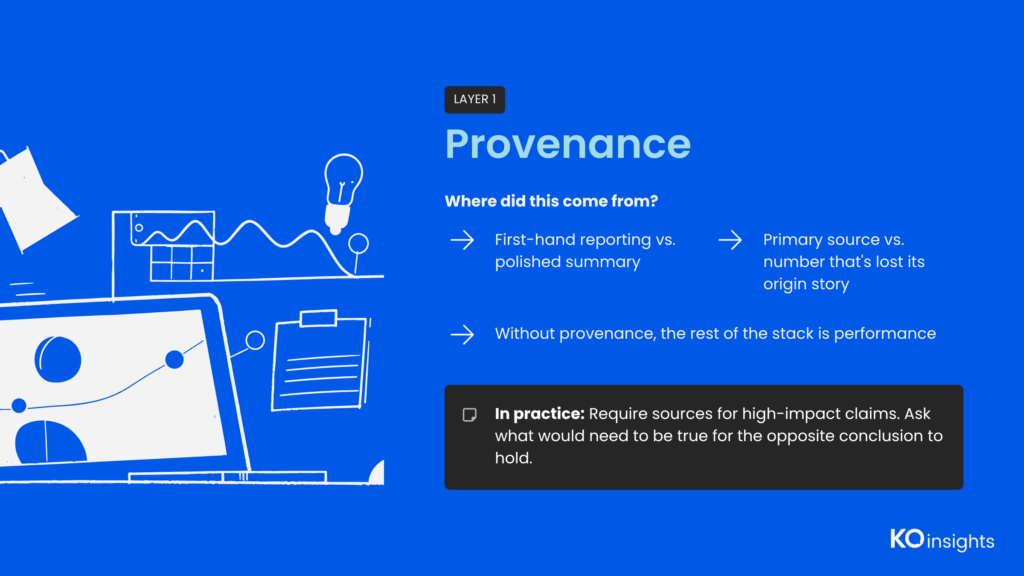 Trust Stack Layer 1 — Provenance: "Where did this come from?" Distinguishes first-hand reporting from polished summary. In practice: require sources, ask what would need to be true for the opposite conclusion.