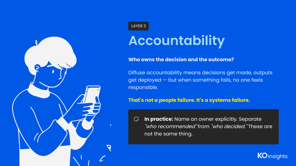 Trust Stack Layer 3 — Accountability: "Who owns the decision and the outcome?" Diffuse accountability is a systems failure. In practice: separate who recommended from who decided.